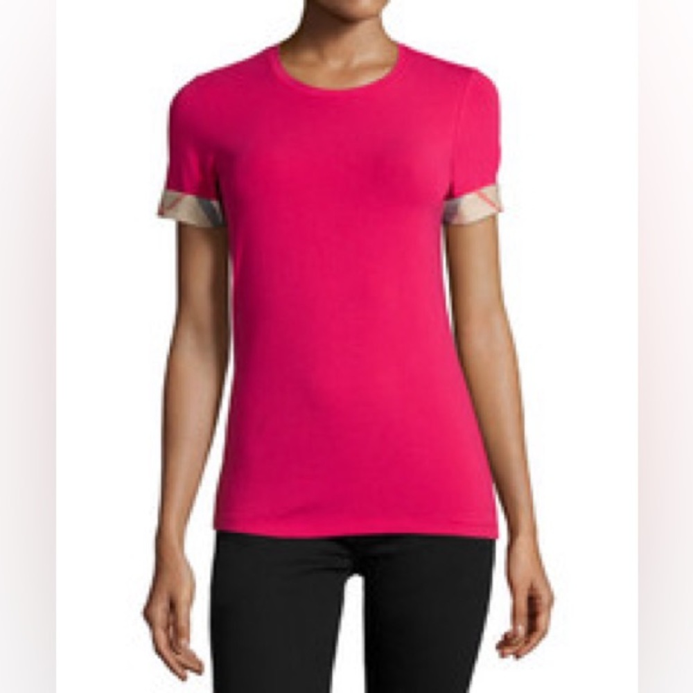 Burberry Brit Pink Short Sleeve Tee with Check Cuff – Size XL
